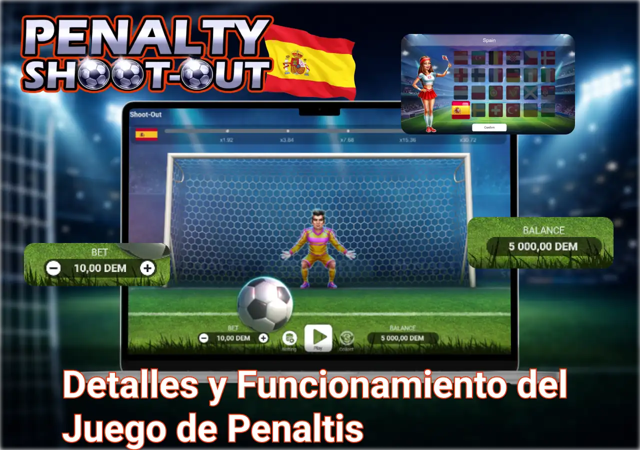 Funcionamiento del juego de penaltis con portero animado y opciones de apuesta